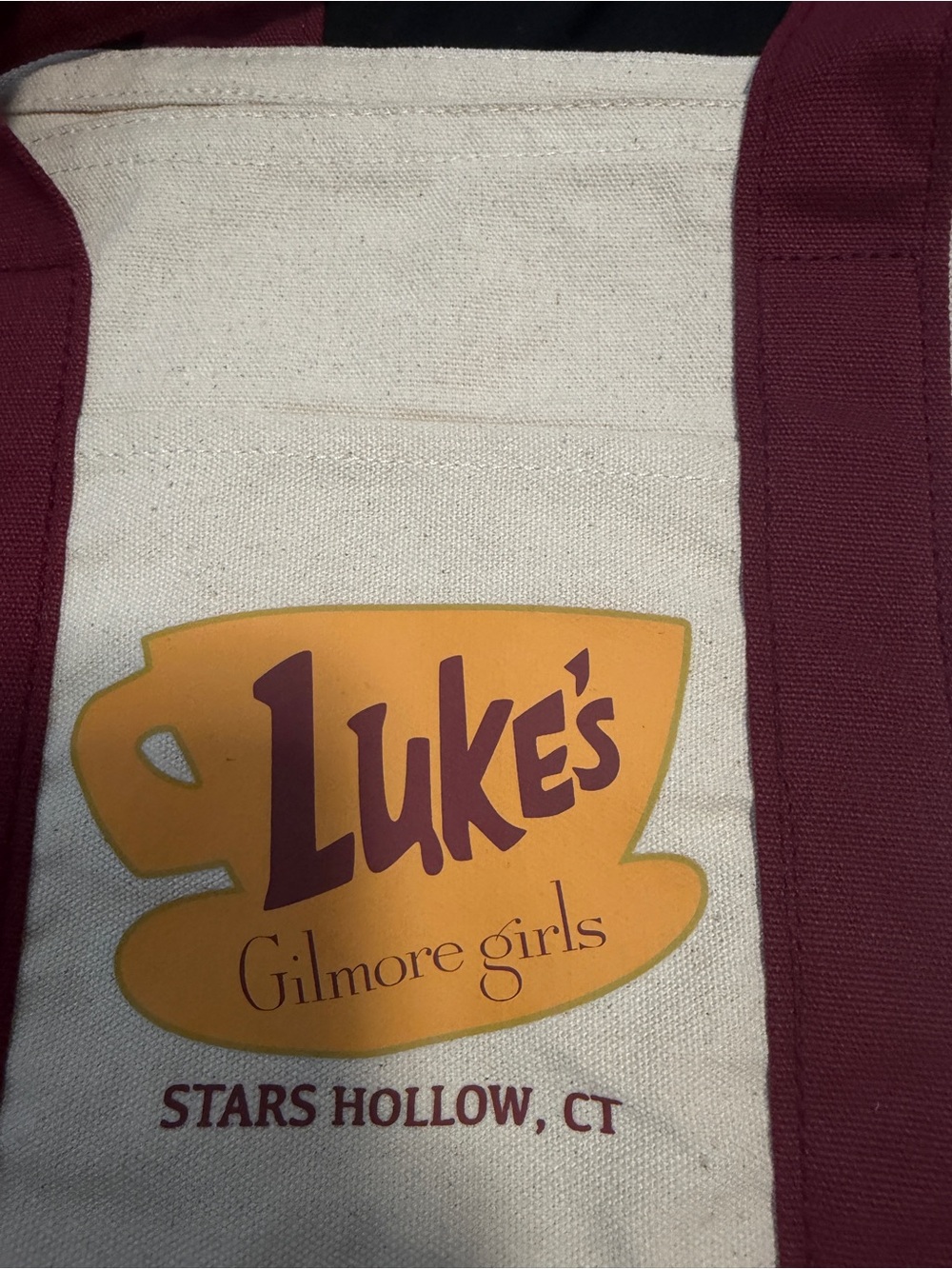 NWT Gilmore Girls Luke's Diner Canvas Tote Cream & Burgundy BIOWORLD - Picture 2 of 7